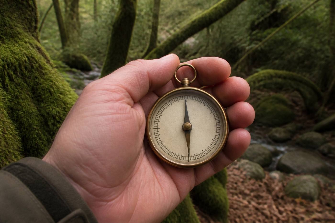 A hand holding a brass compass in a mossy woodland beside a stream